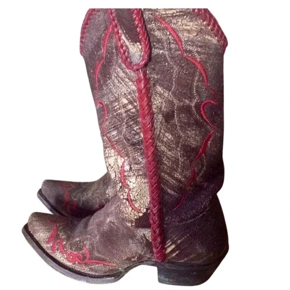 Lucchese 1883 Womens Brown‎ Gold Distressed Leather Charlie Horse Boots Red Trim - Picture 4 of 5